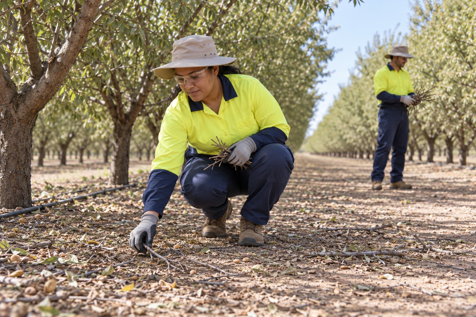 A worker wearing gloves and safety glasses picks up a small fallen pruning by hand while another worker holds small twigs farther along the almond row.