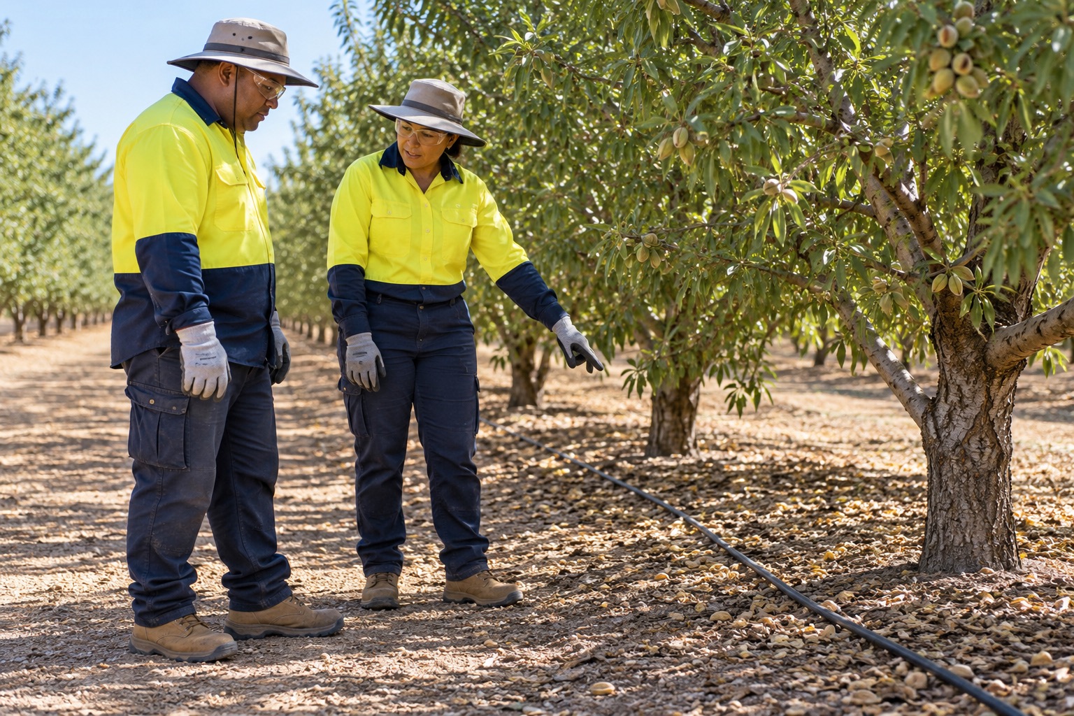 A supervisor points out a drip line to a worker; both stand clear and leave the line untouched.