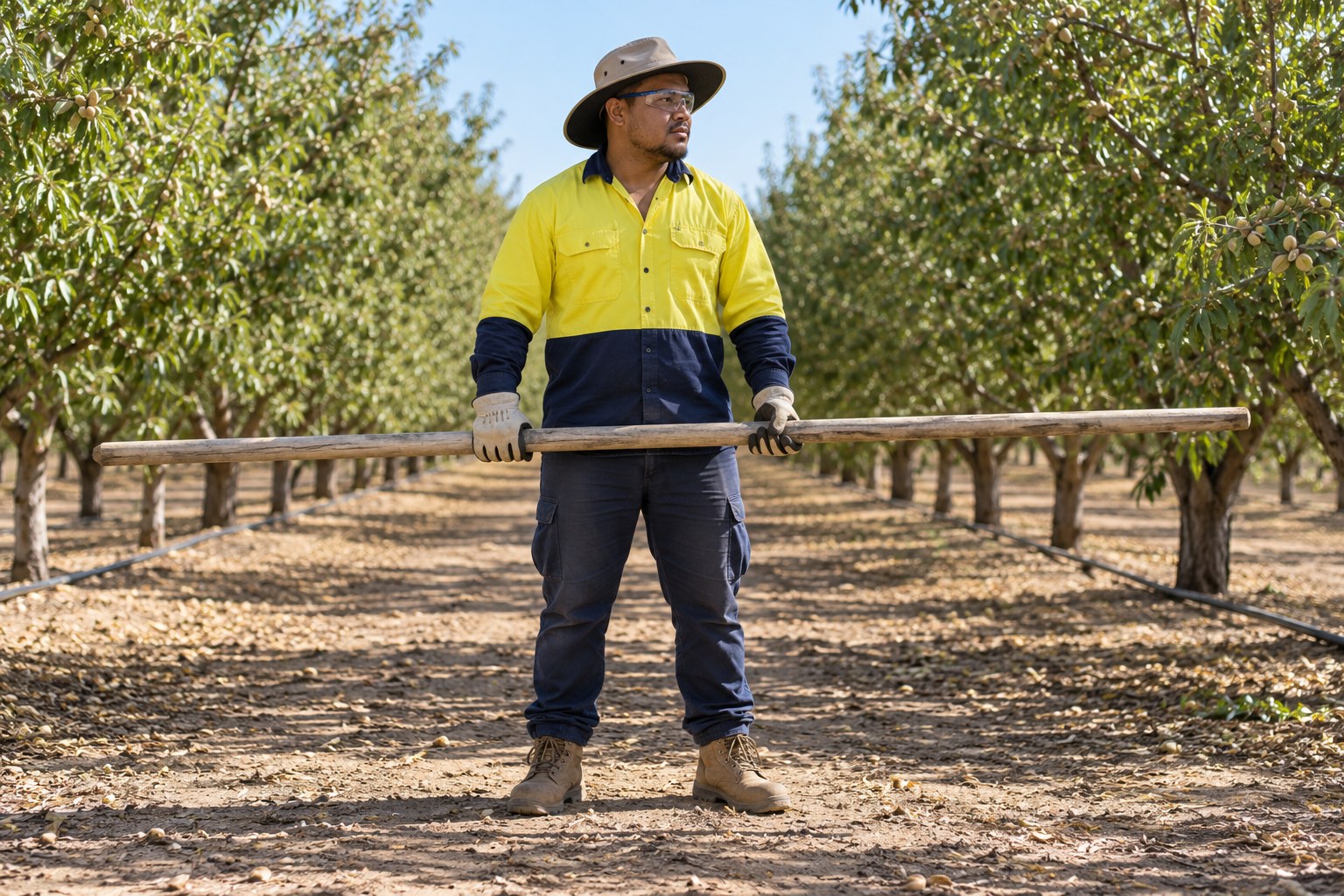 A worker wearing gloves and clear protective glasses holds one detached wooden stake with both ends visible and clear of other people.