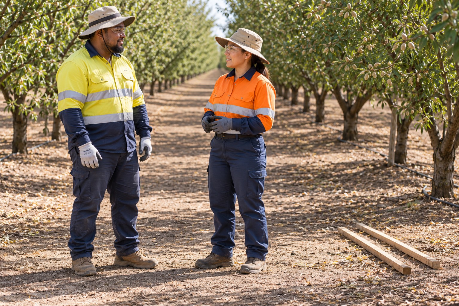 A worker and supervisor wearing gloves and clear protective glasses talk beside already-detached wooden stakes in an almond orchard.