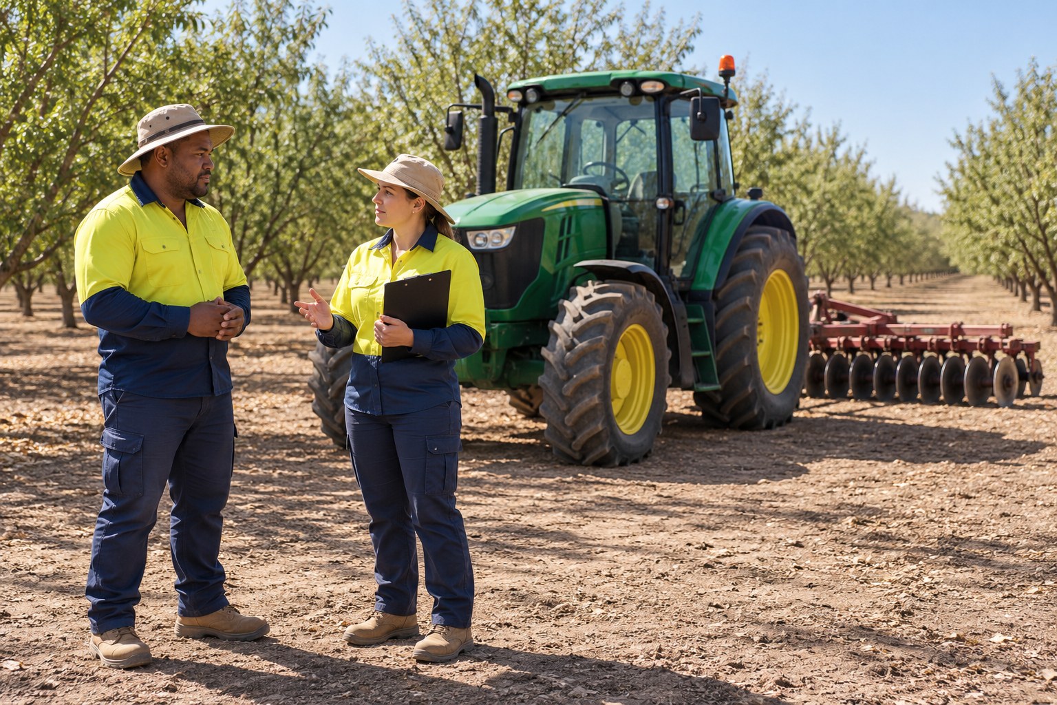 A worker and supervisor talk in front of a parked closed-cab tractor with a soil-working attachment resting on the ground behind it.