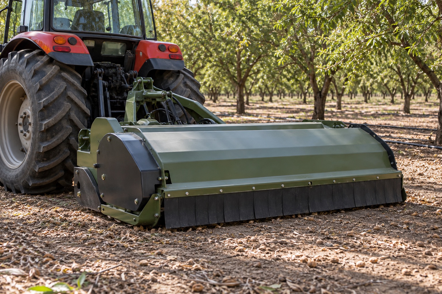 A parked tractor and lowered orchard mulcher show their intact outer guard and flexible front curtain.