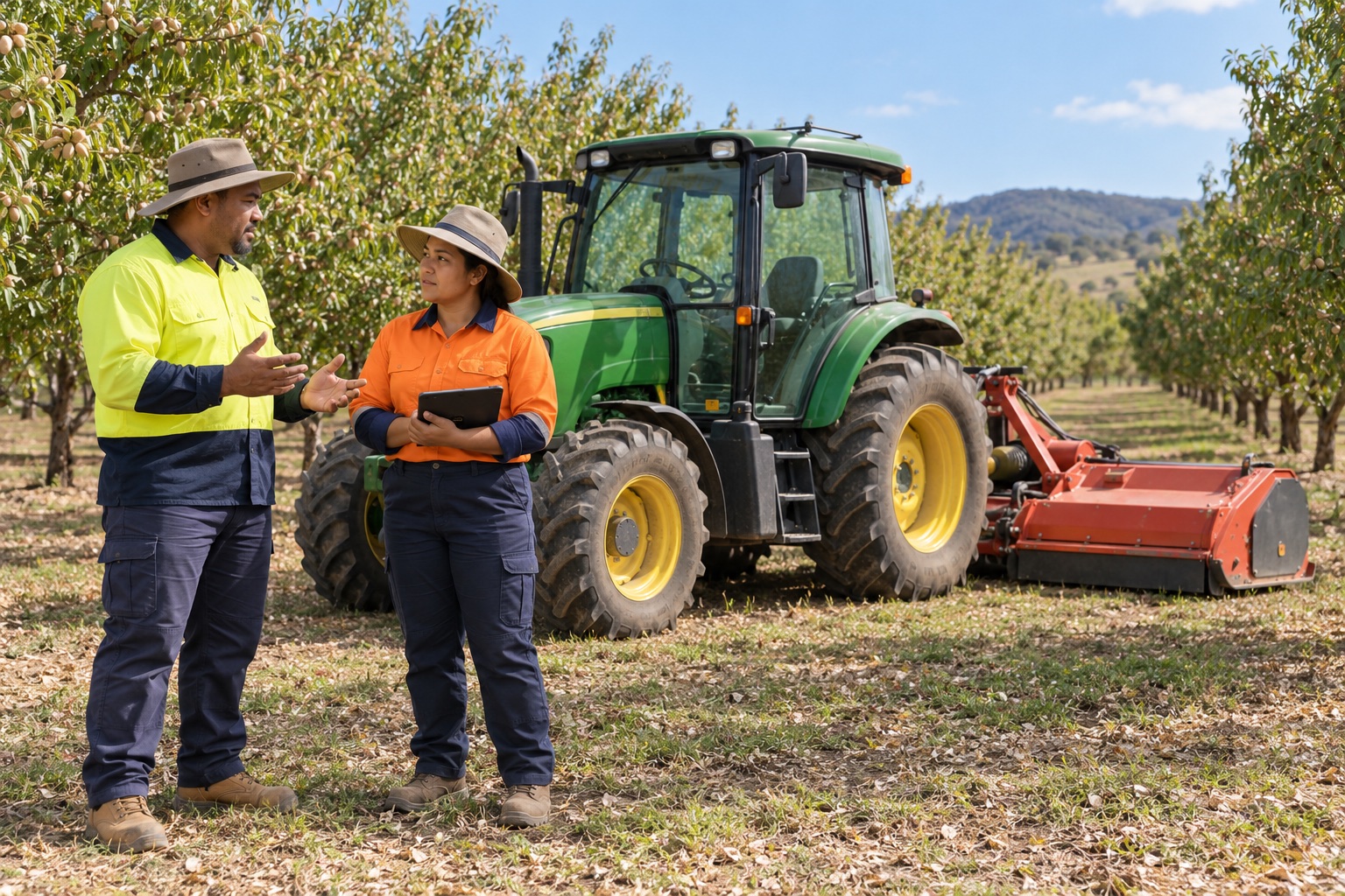 A worker and supervisor discuss a parked tractor with a lowered guarded mulcher in an almond orchard.