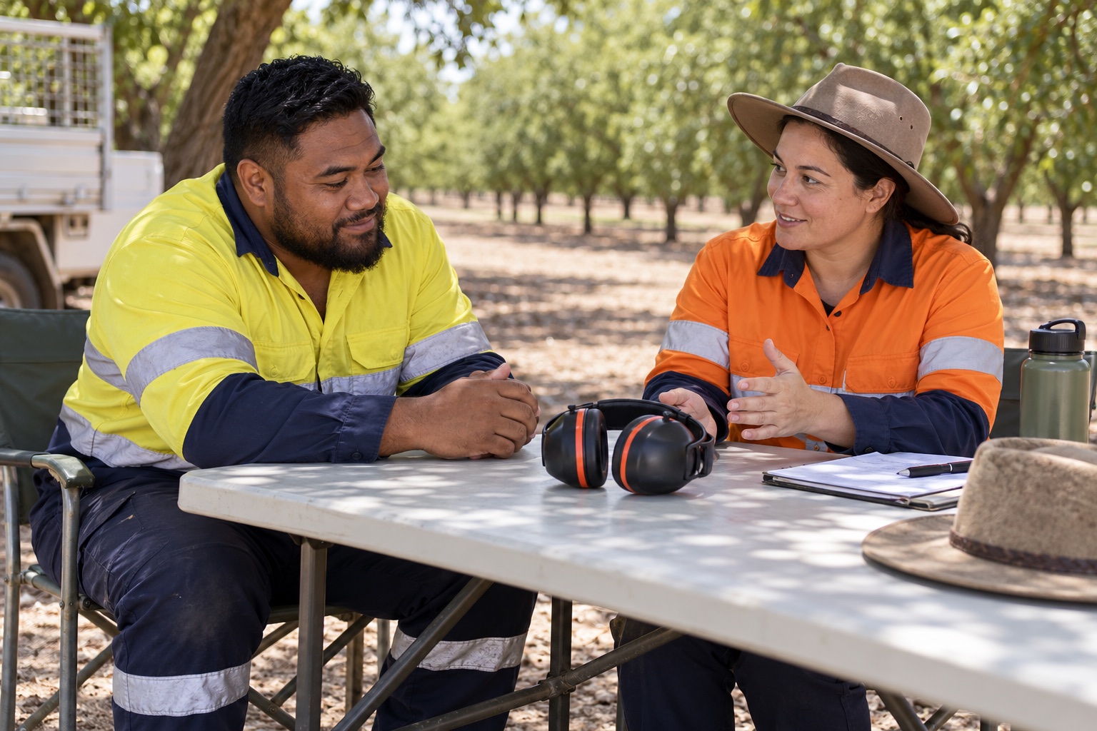 Two workers discuss earmuff hearing protection beside a parked tractor before work.