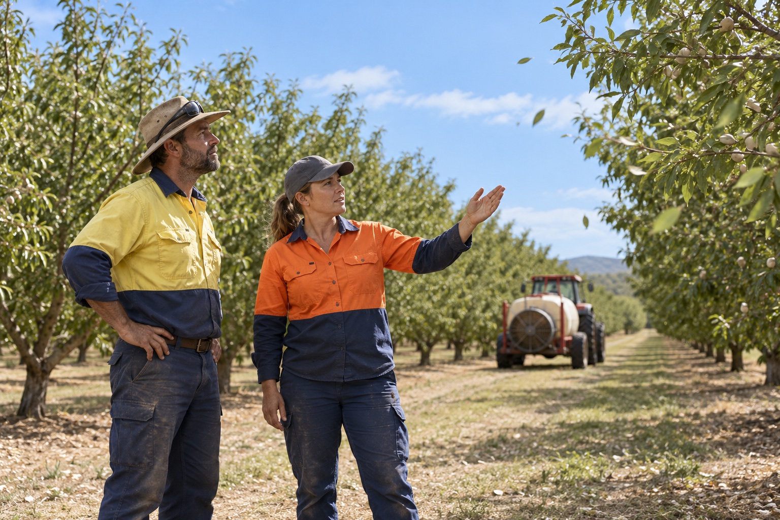 A supervisor and worker check outdoor conditions while spray equipment remains parked.