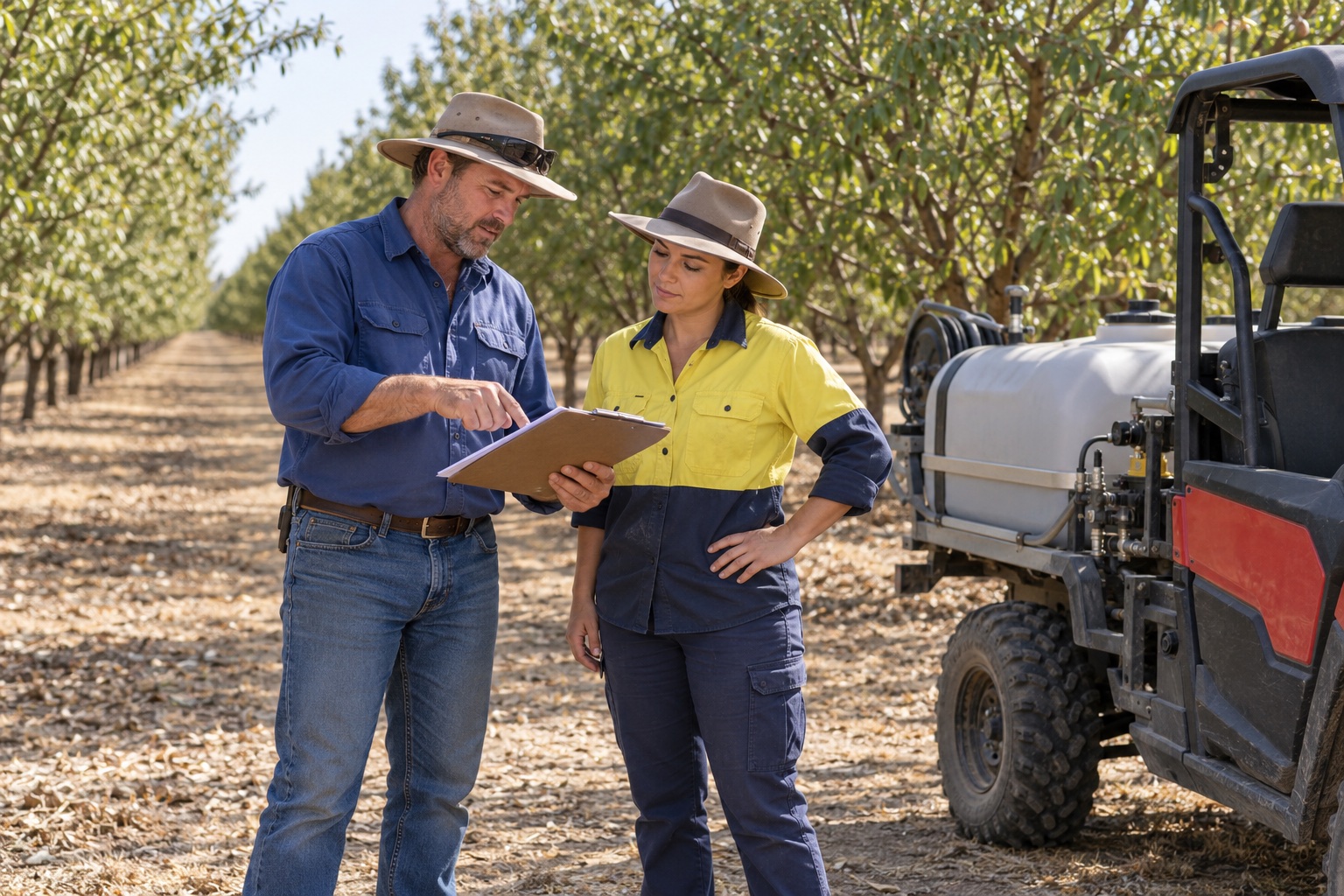 A supervisor and worker discuss a specialist spraying task beside a parked orchard spray vehicle.