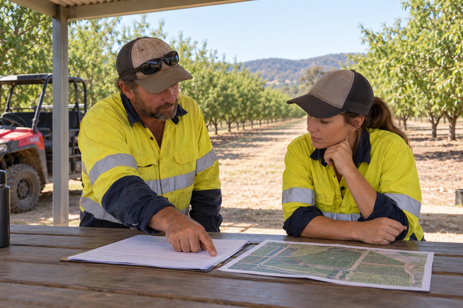 A supervisor and worker review unmarked instructions and an orchard block map before work.