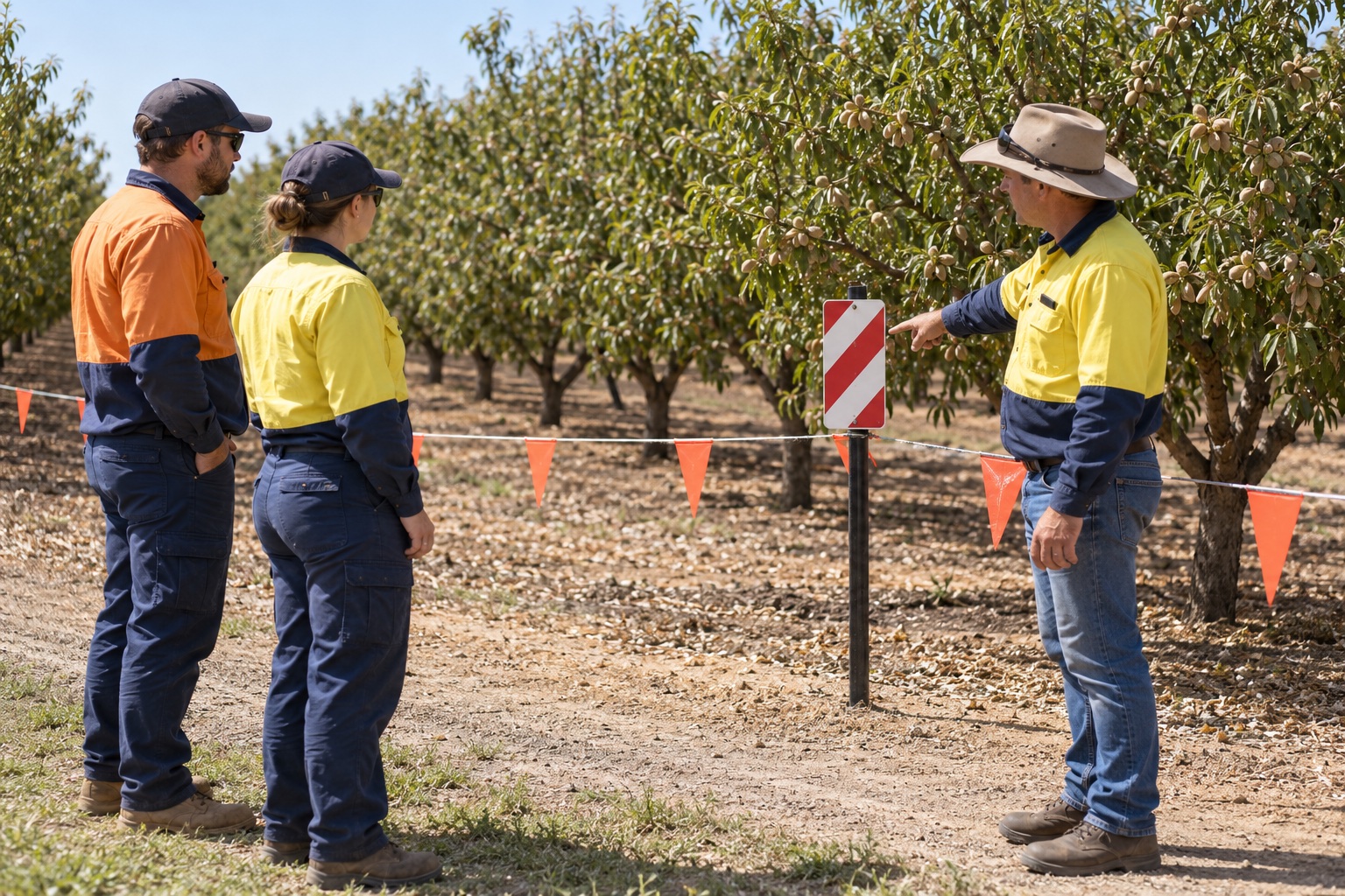 Workers remain outside a cordoned orchard block while discussing access restrictions.