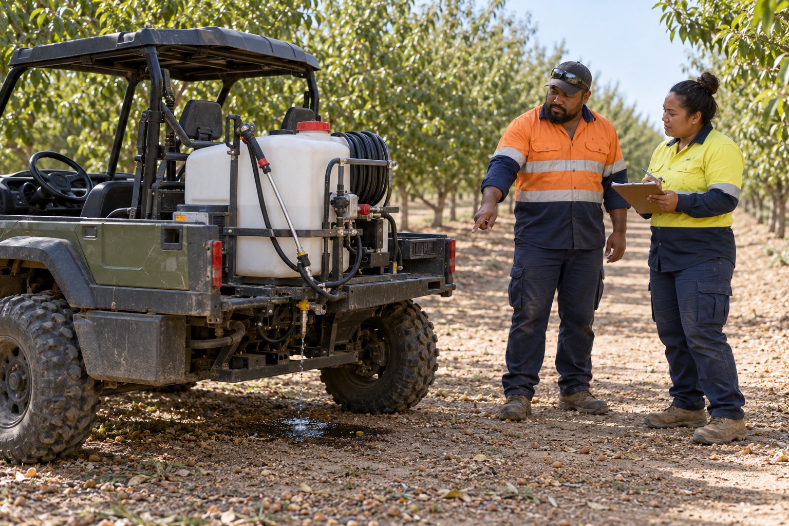 Two workers observe and discuss a possible hose leak from away from a parked Mule-style spray unit without touching the fittings.