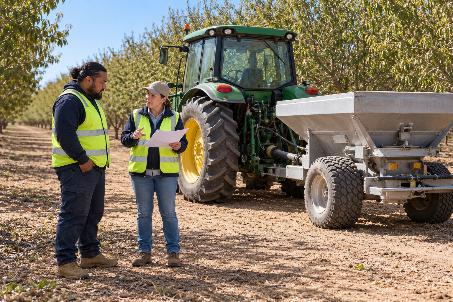 A supervisor and worker discuss lime spreading beside a parked tractor and guarded spreader in an almond orchard.