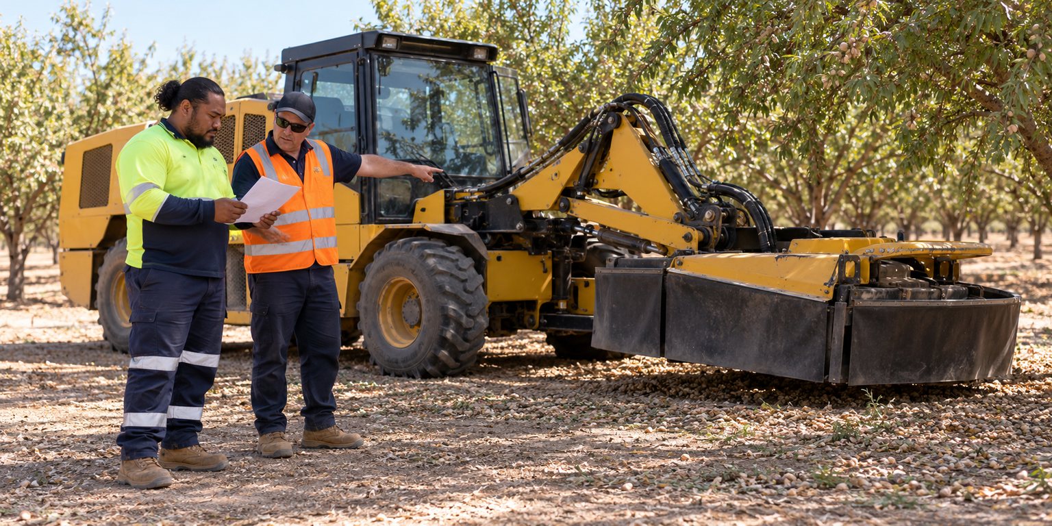 A worker and supervisor review a plain checklist beside a parked tree shaker.