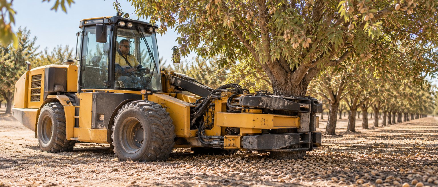 An enclosed almond tree shaker beside an almond tree, with a belted operator in the cab and no bystanders nearby.