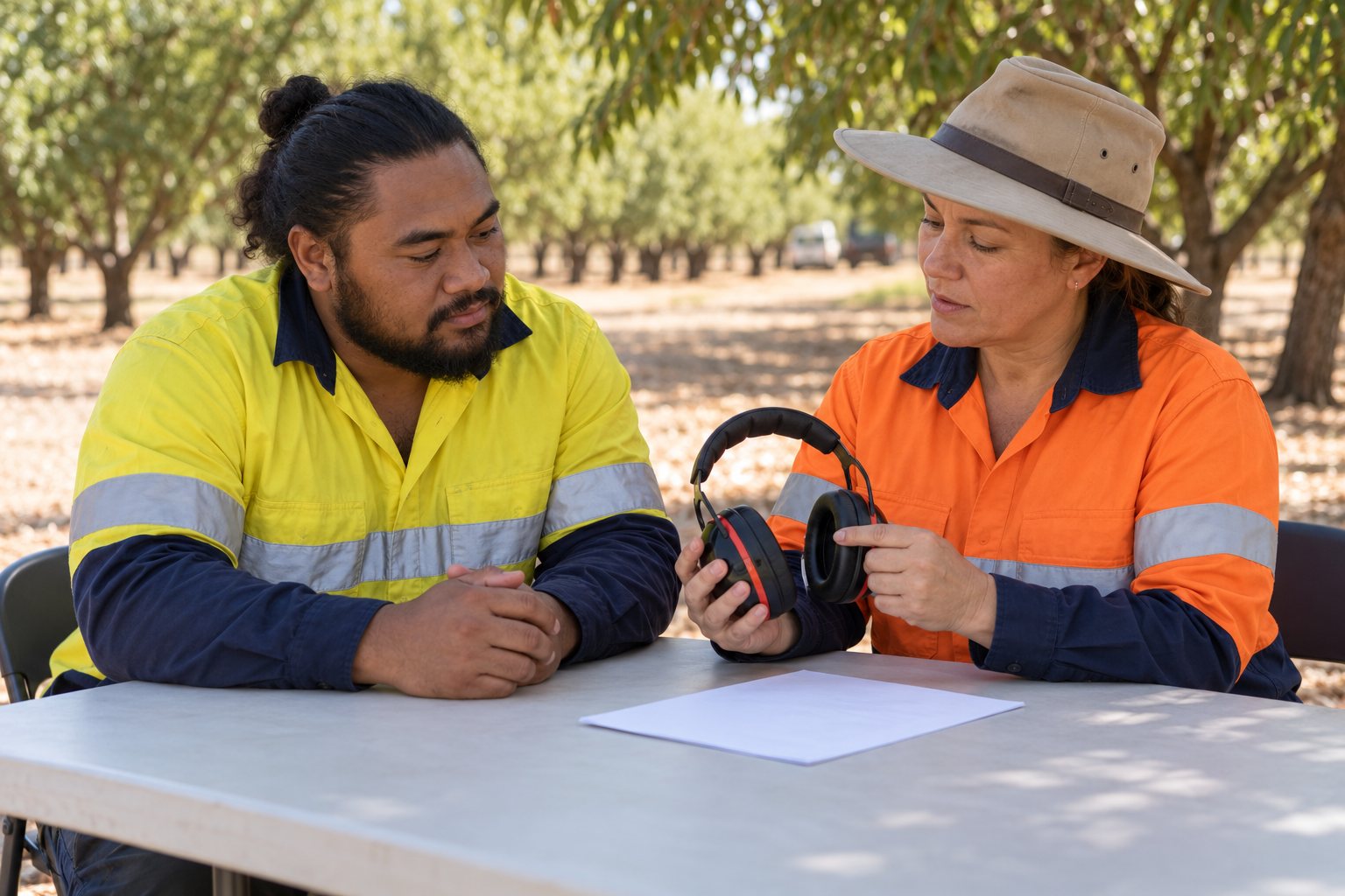 A supervisor and worker discuss over-ear hearing protection in a quiet orchard briefing area.