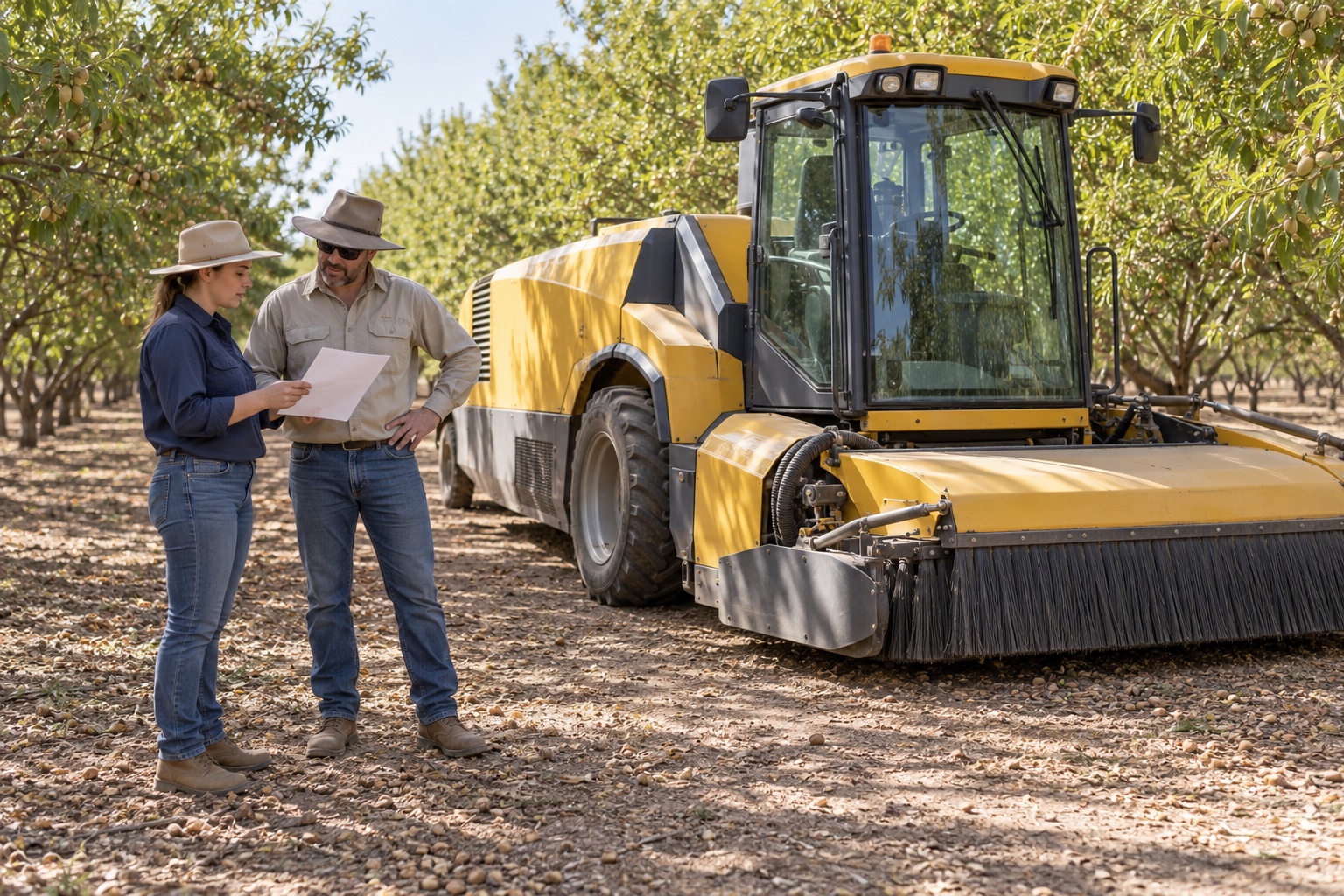 A worker and supervisor review checks beside a parked, shut-down orchard sweeper.