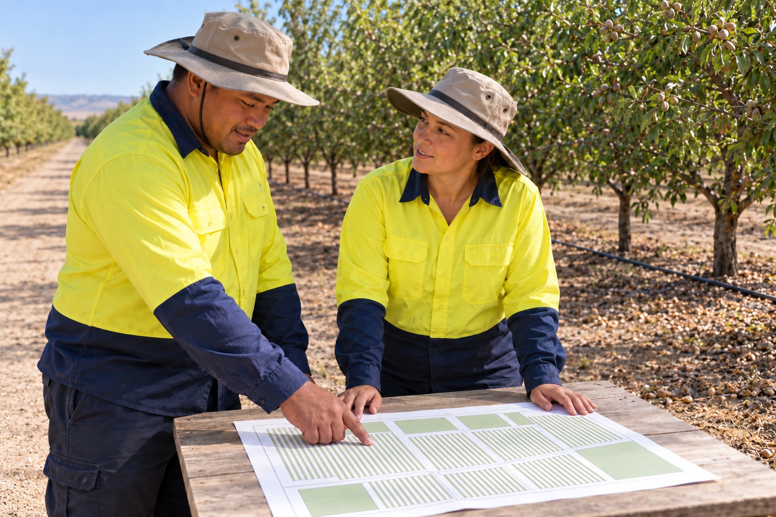 A worker reports an observation to a supervisor in a safe orchard briefing area.