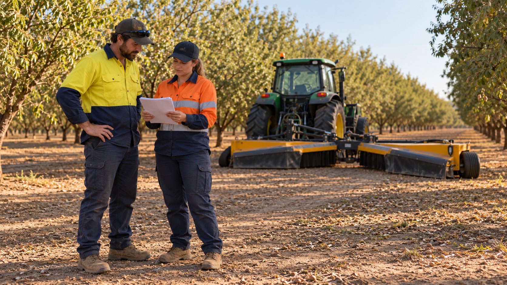 Two workers review a checklist away from a parked tractor and lowered sweeping attachment.