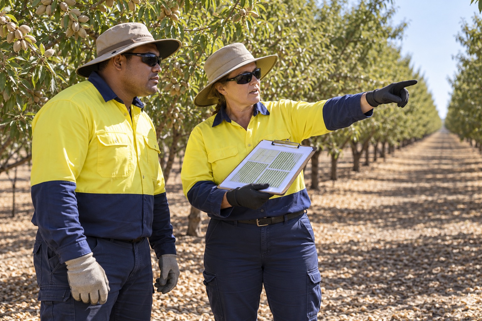 A supervisor briefs a worker with a generic orchard map before V-sweeping work.