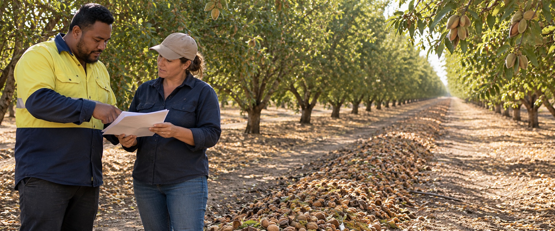 Two workers discuss an unmarked work plan beside a windrow of almonds; no equipment is shown.