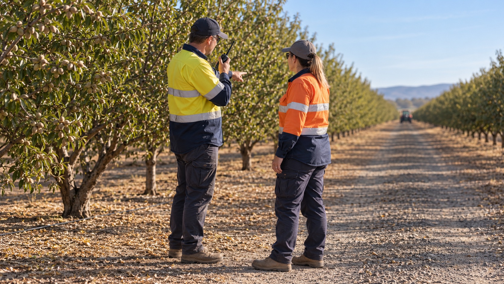 Two workers discuss a clear radio call in an orchard, away from a parked tractor.