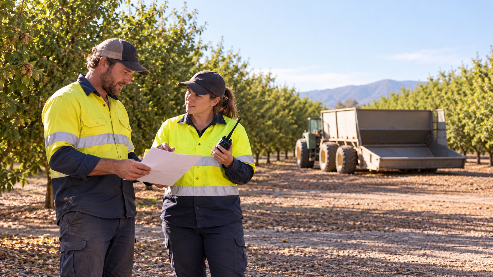 Two workers review a blank checklist and radio near a parked generic harvest vehicle with its tub lowered.