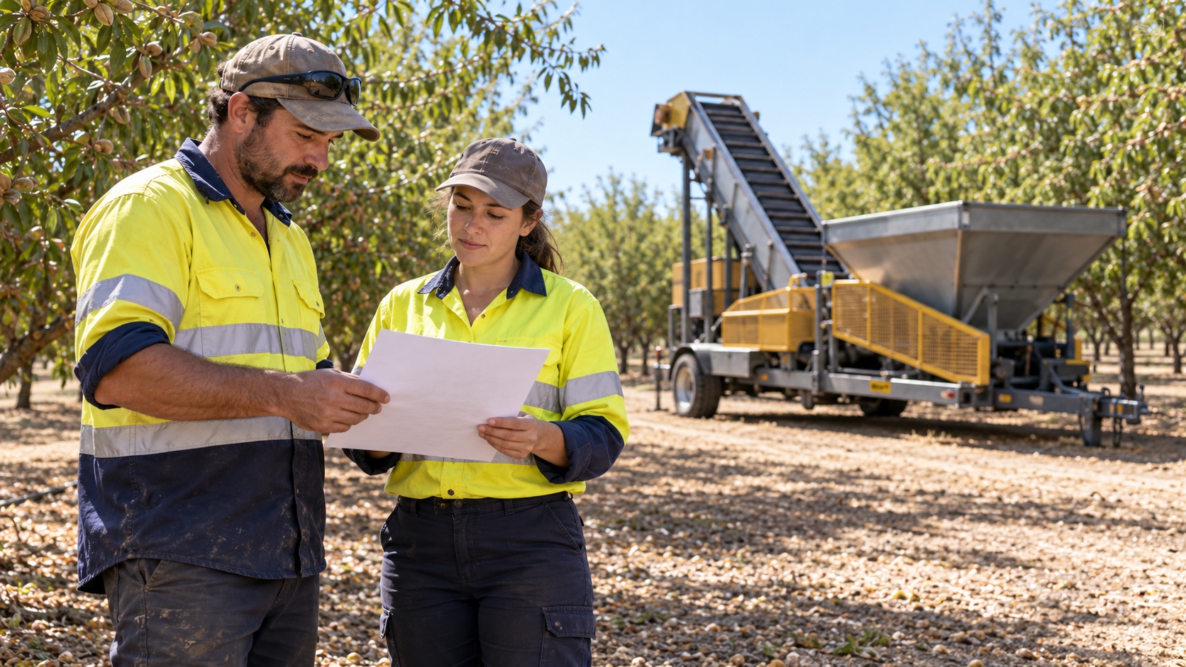 Two workers review a blank job sheet away from a stationary harvest elevator and hopper.