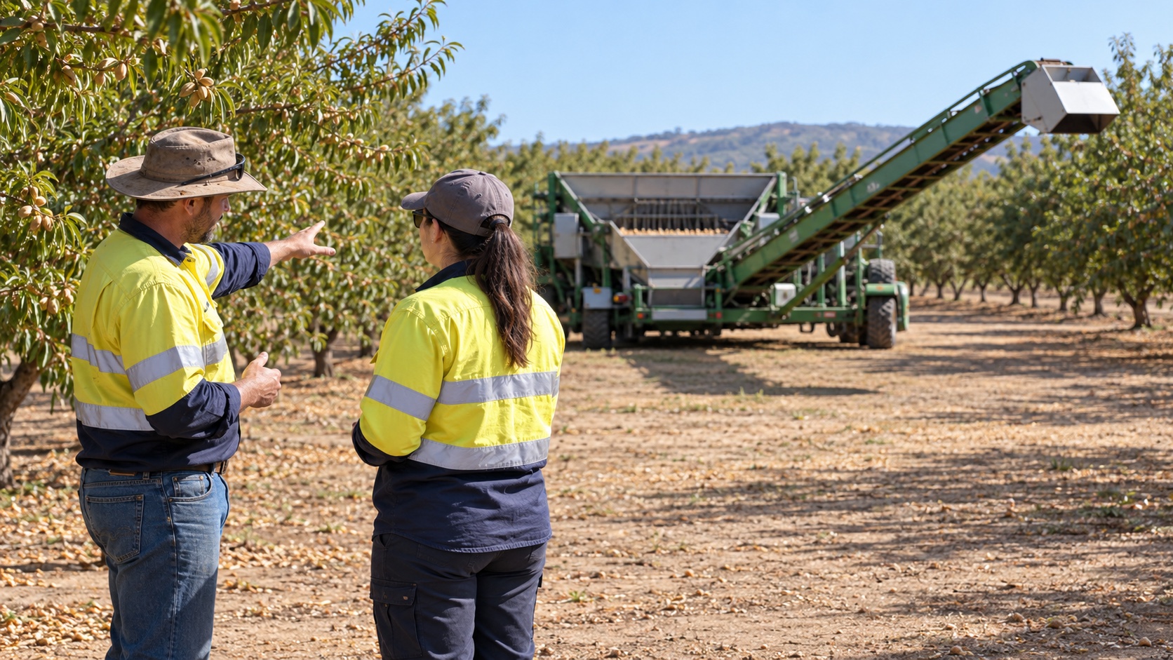 Two workers discuss staying clear of a distant stationary harvest elevator.