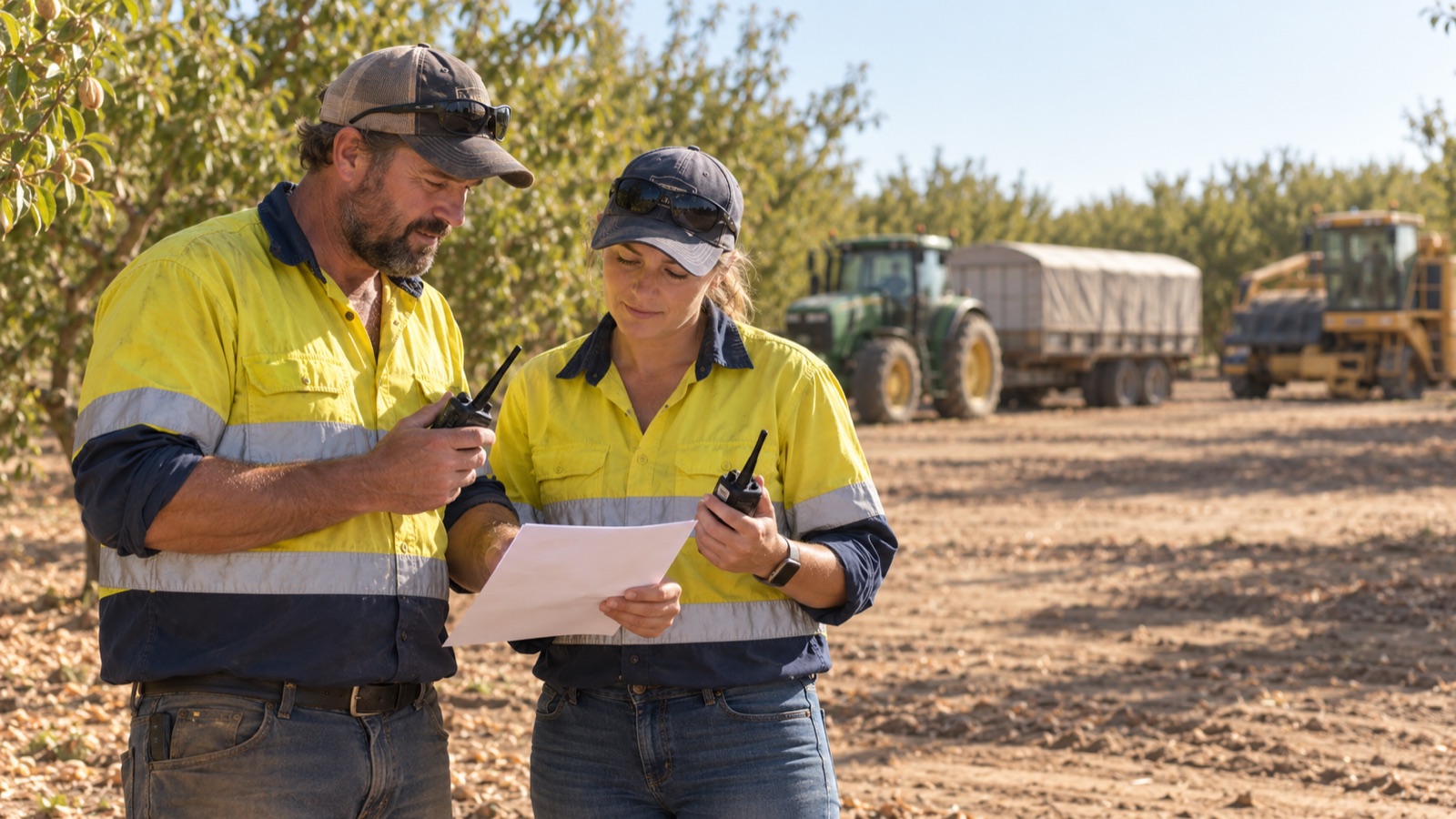 Two workers check an unloading plan and radios with parked farm vehicles in the background.