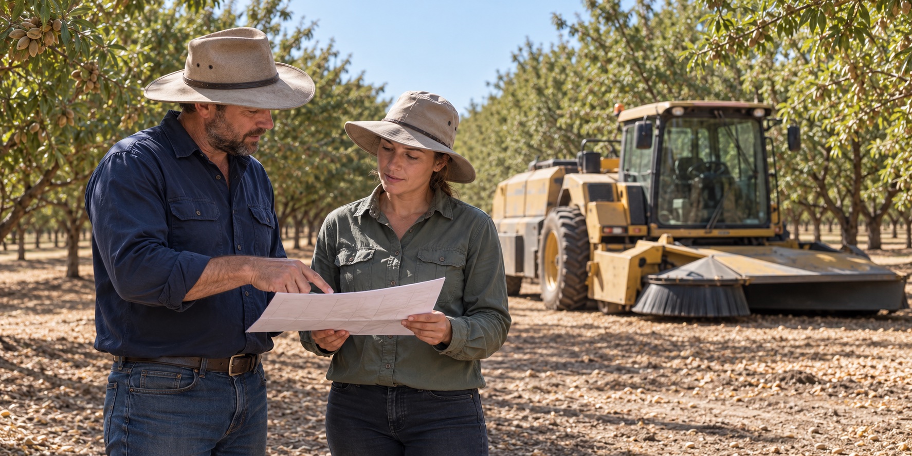 Worker and supervisor discuss a parked orchard sweeper before work.