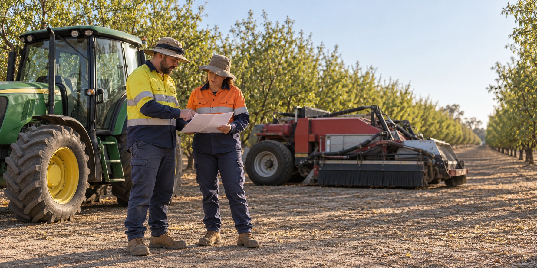 Two workers review a block plan beside parked orchard machinery.