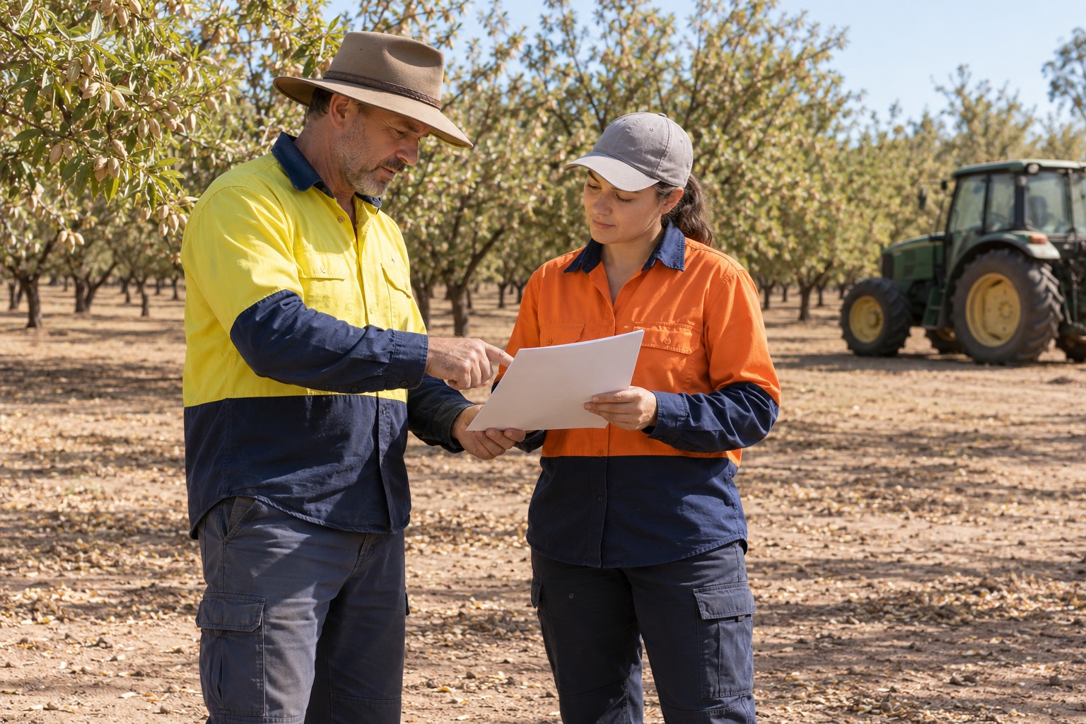 Two workers review a paper note beside a parked tractor.