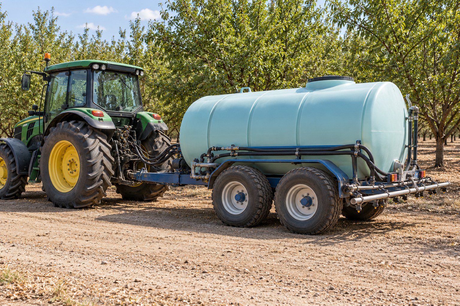 A parked tractor and wheeled water tank trailer with secured hoses and low folded spray arms.