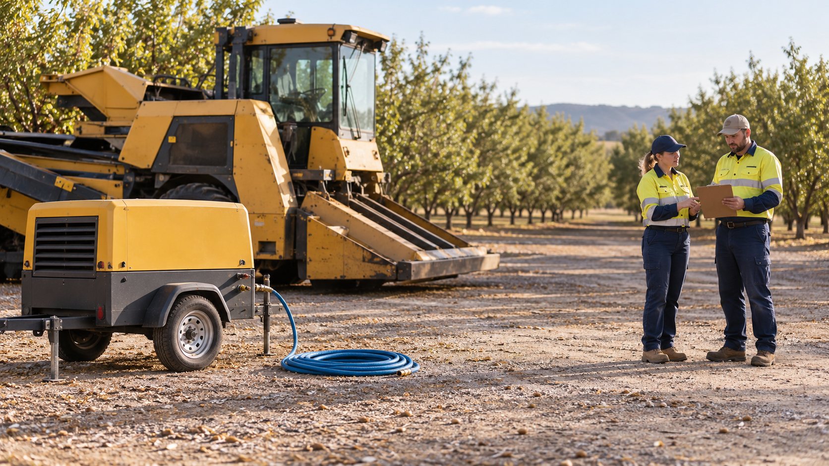 Two workers review a blank clipboard several metres from a parked harvest machine, a compressor and a coiled hose.