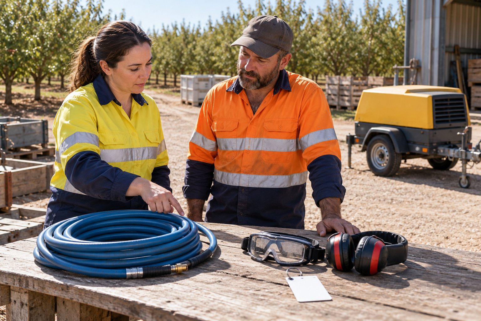 Two workers discuss a coiled air hose, sealed goggles and hearing protectors on an outdoor workbench.