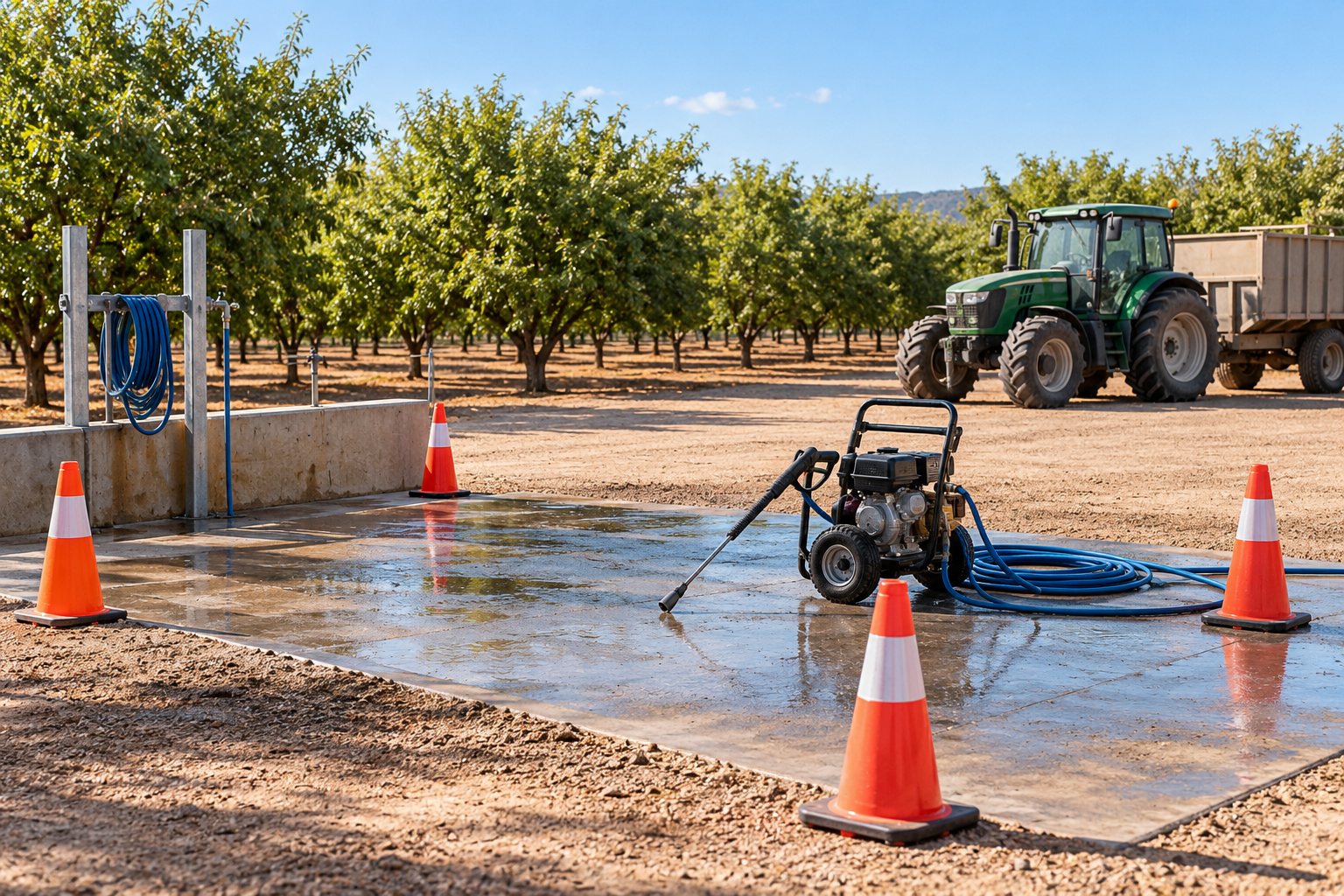 An empty farm wash area marked by cones, with a switched-off pressure washer and a parked tractor.