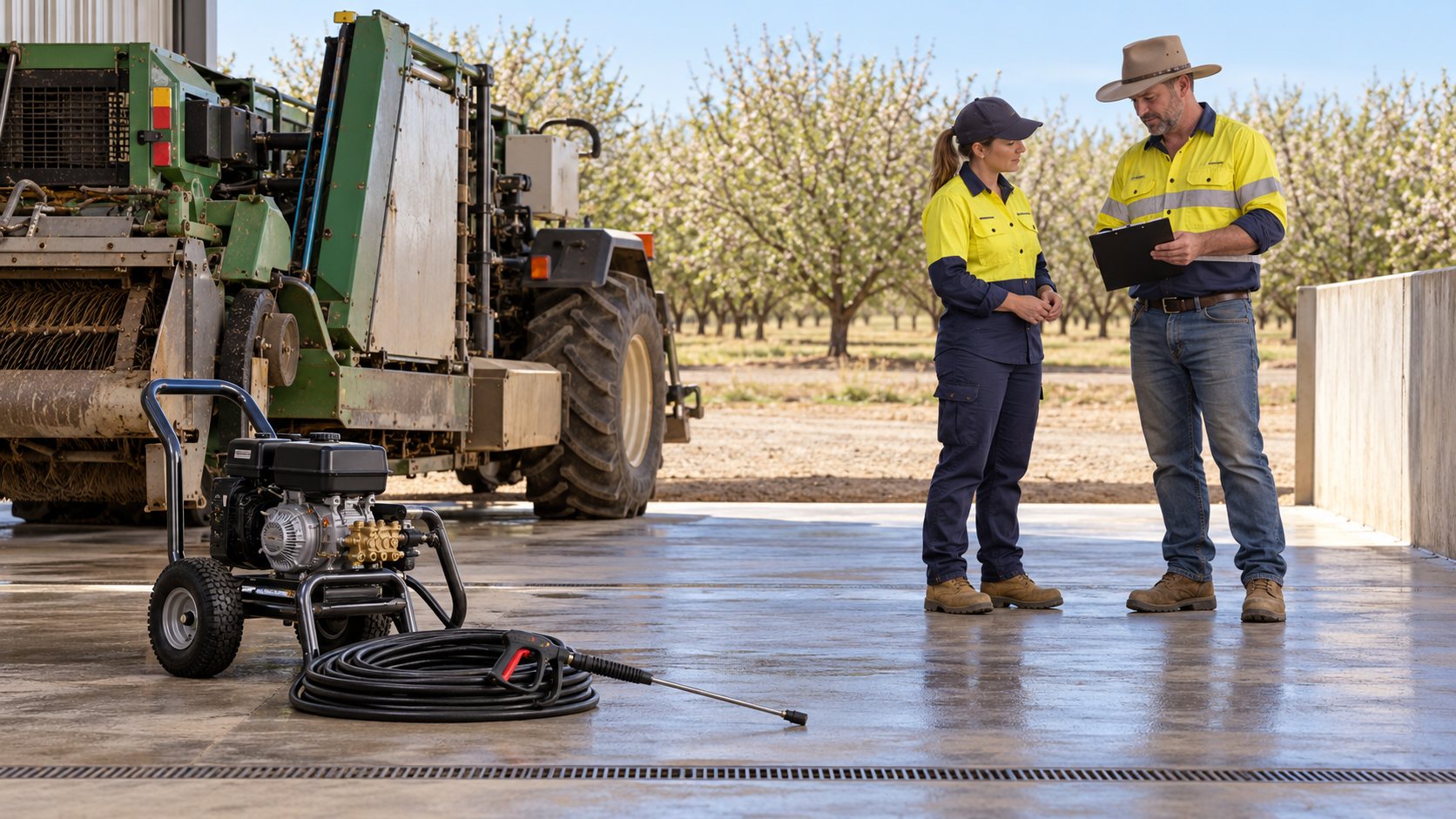Two workers review a blank clipboard beside a parked, switched-off pressure washer and farm machine.
