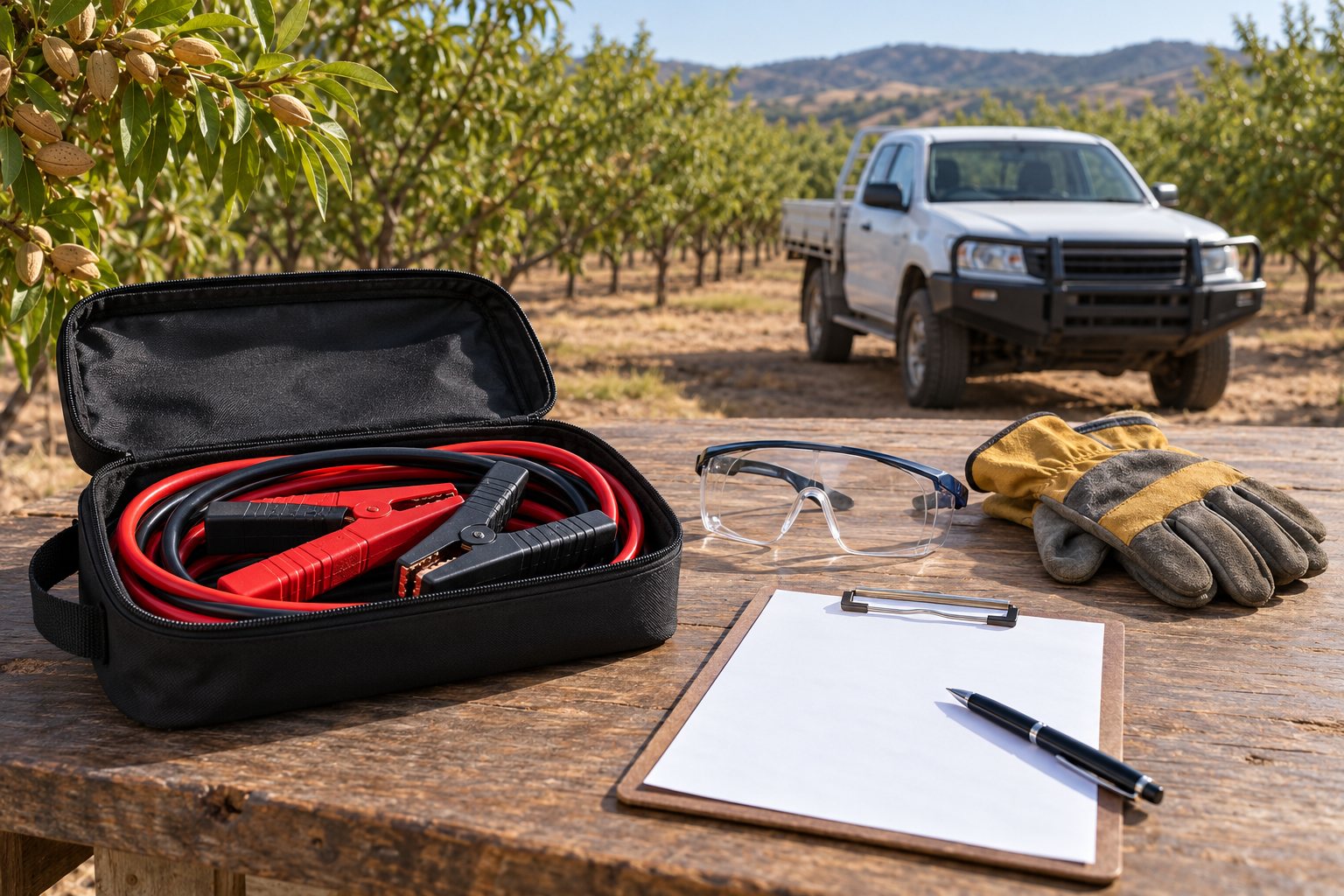 Disconnected jumper leads, eye protection, gloves and a blank checklist on an outdoor workbench.