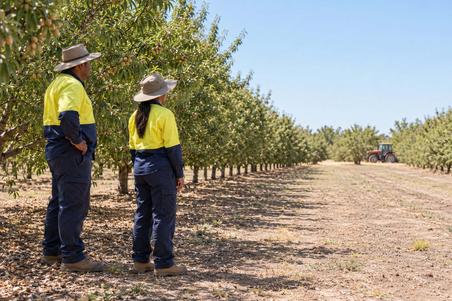 Two workers stand clear of a distant parked tractor in almond rows.