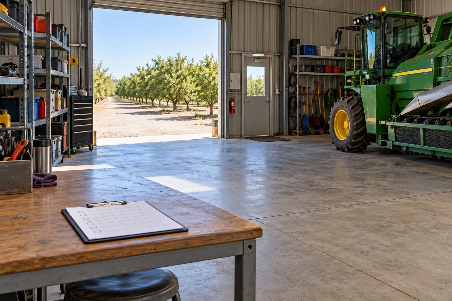 A clean workshop with a clear walkway, stored tools, a blank checklist and a parked guarded machine.