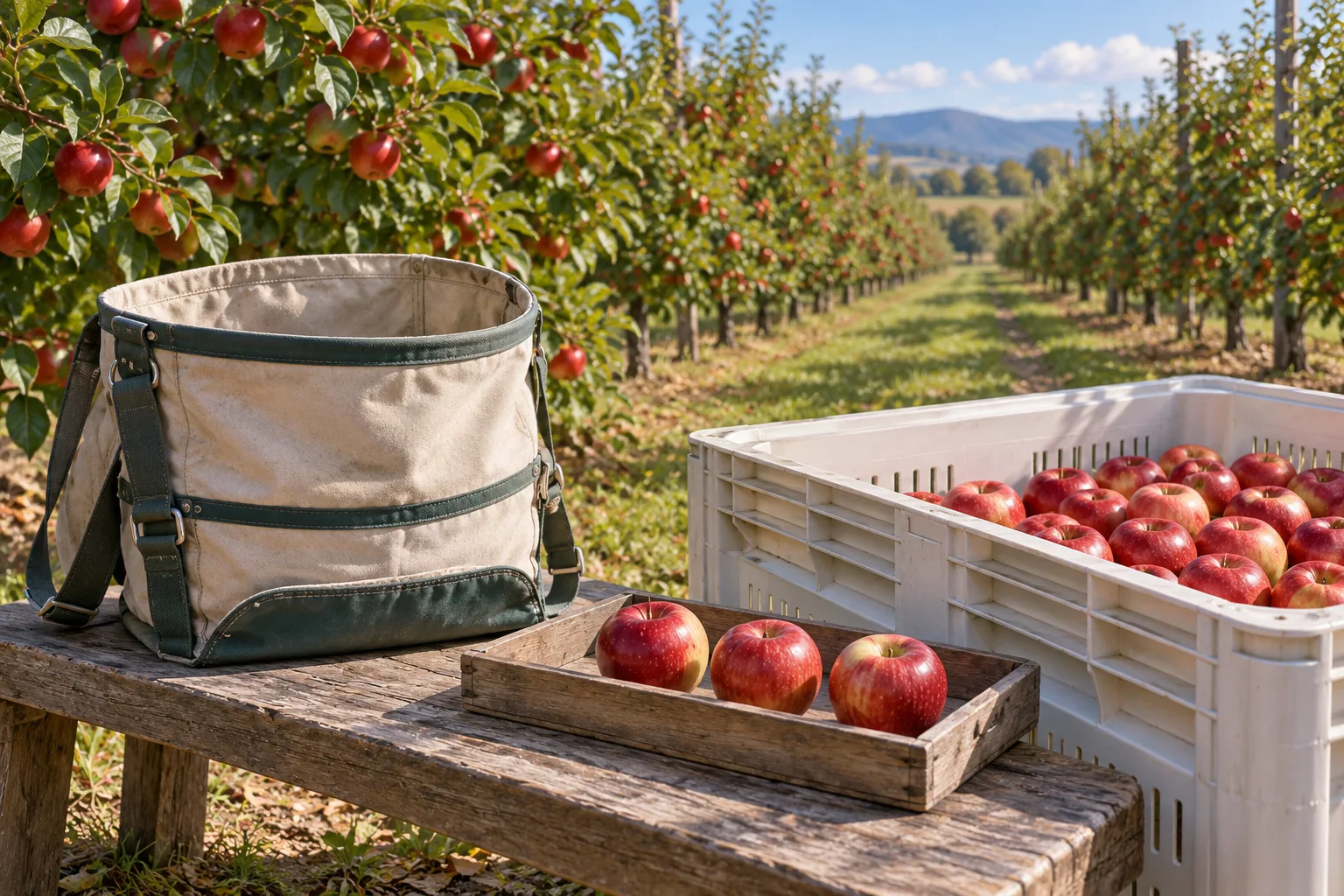 Apple picking bag, sample fruit and a clean harvest bin beside an orchard track.