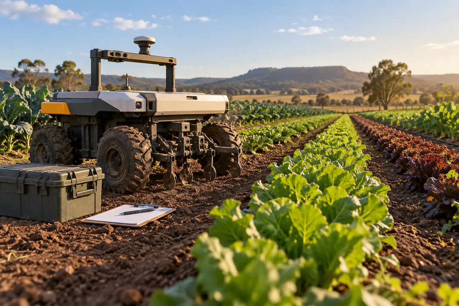 Conceptual weeding platform parked beside vegetable rows and a clipboard.