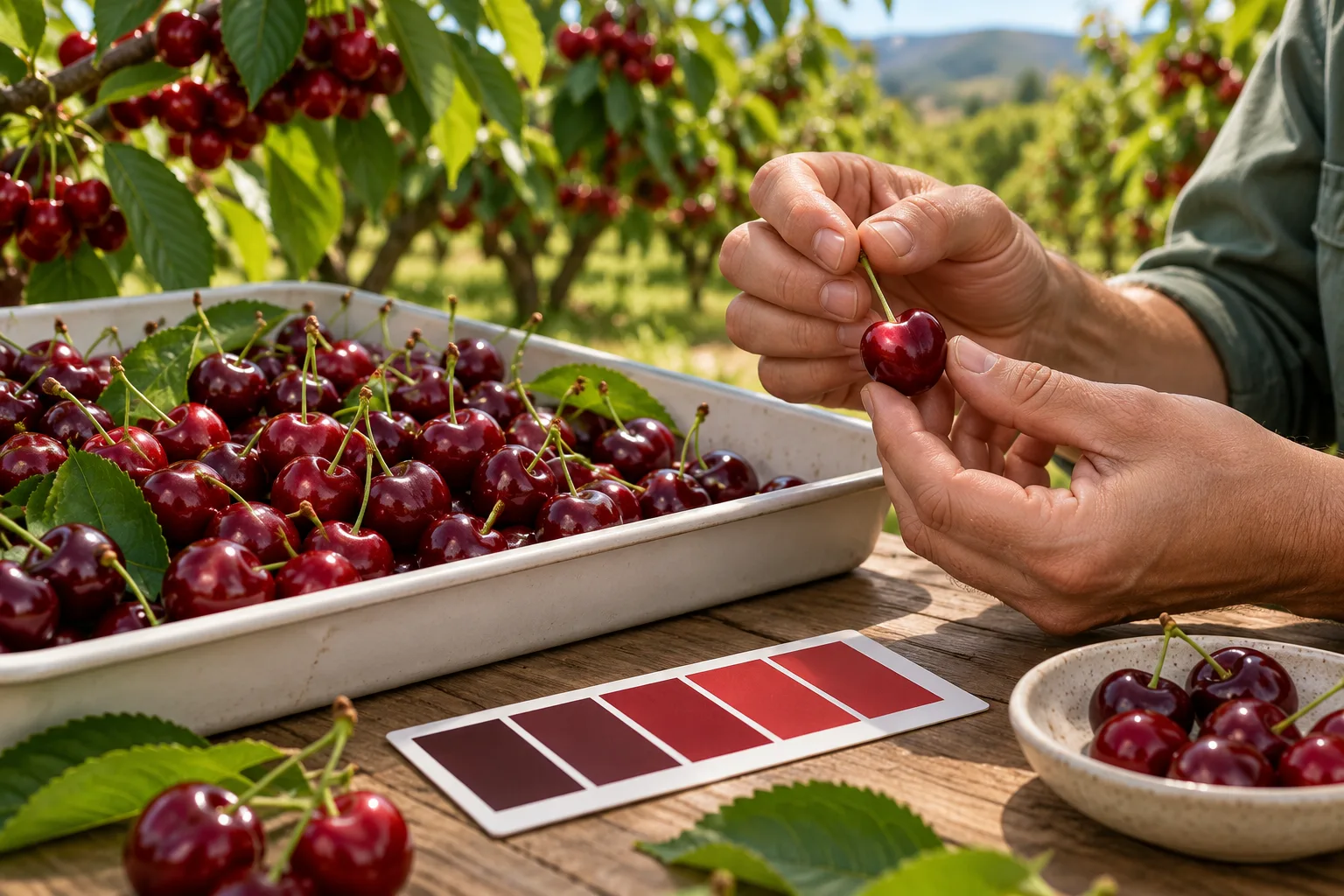 Hands inspecting cherries beside a picking tray and colour reference in an orchard.