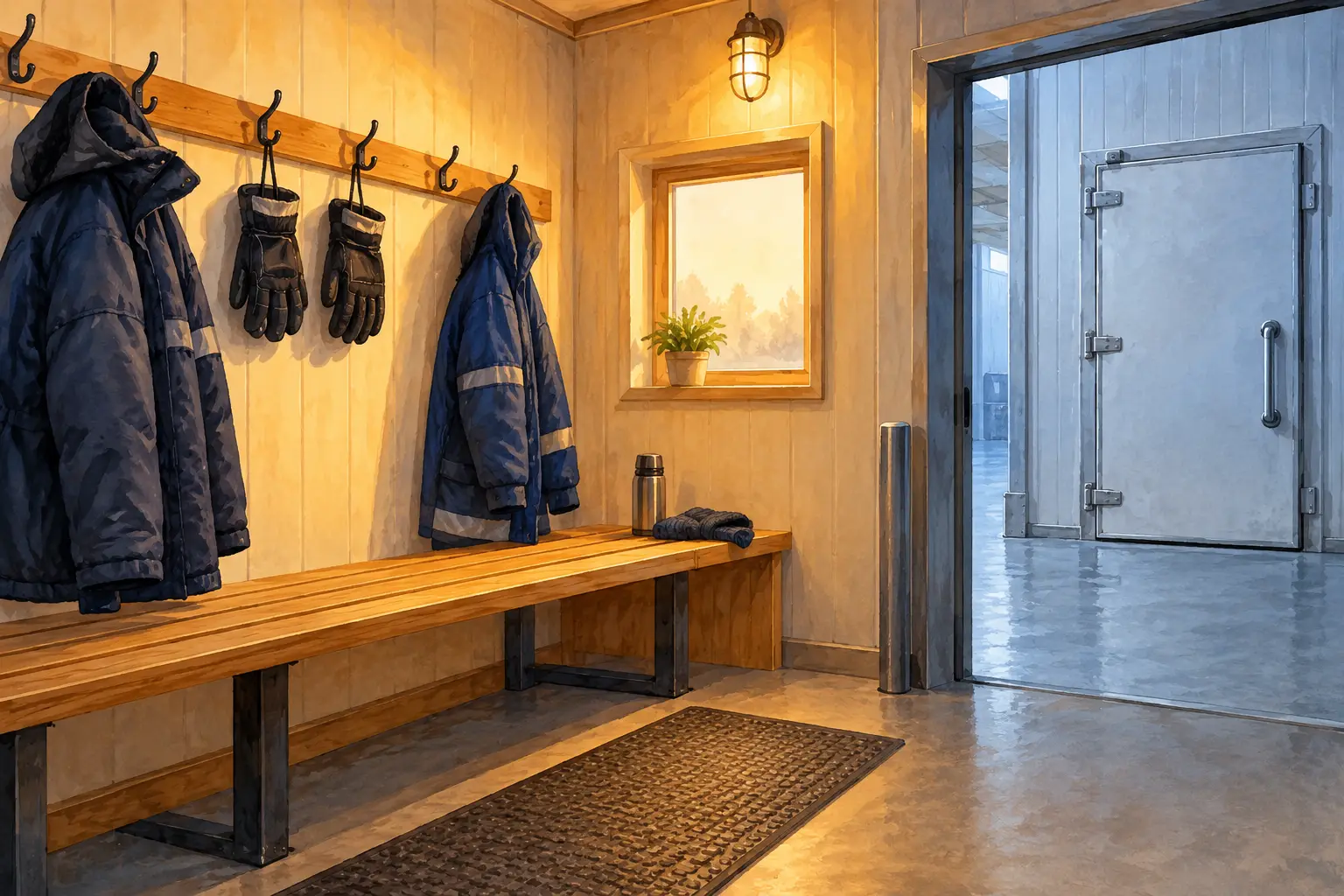 Illustrated empty warm-up room with dry insulated clothing beside a closed cold-store door.