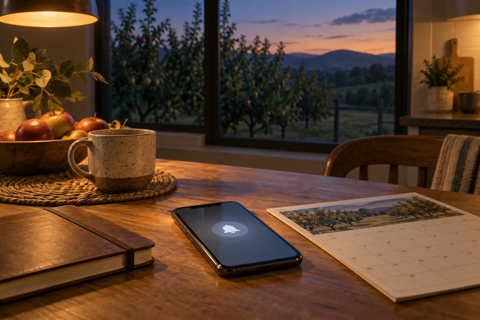 Phone with a generic notification beside a calendar and notebook at dusk.
