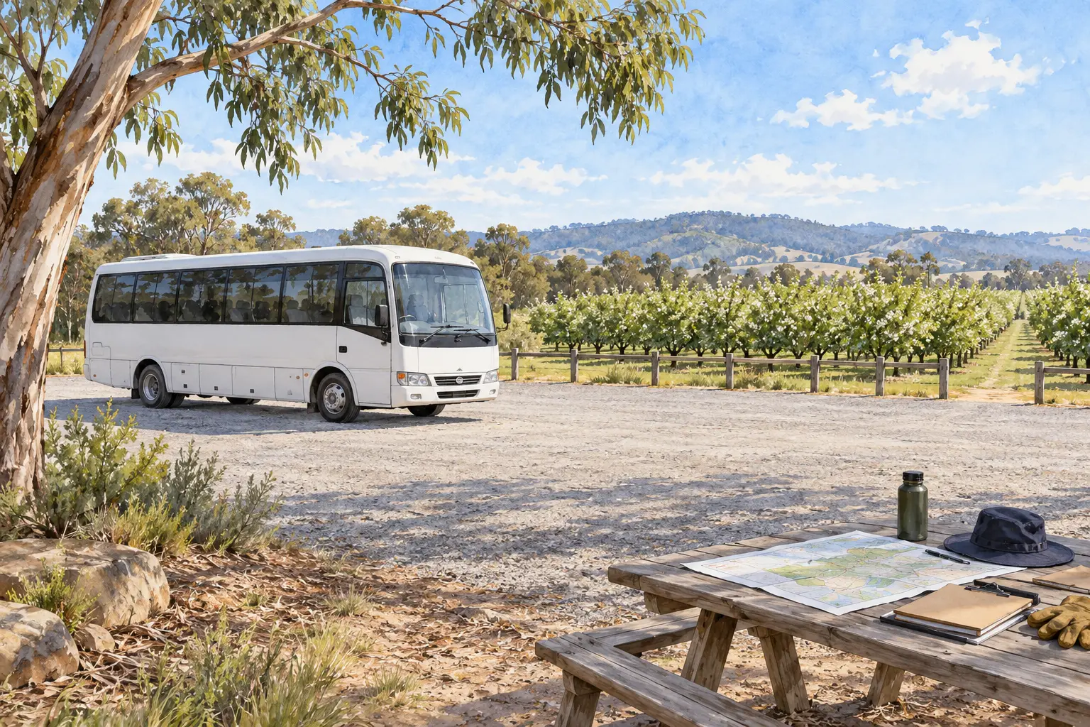 Illustrated empty farm meeting point with parked passenger transport and clear vehicle access.