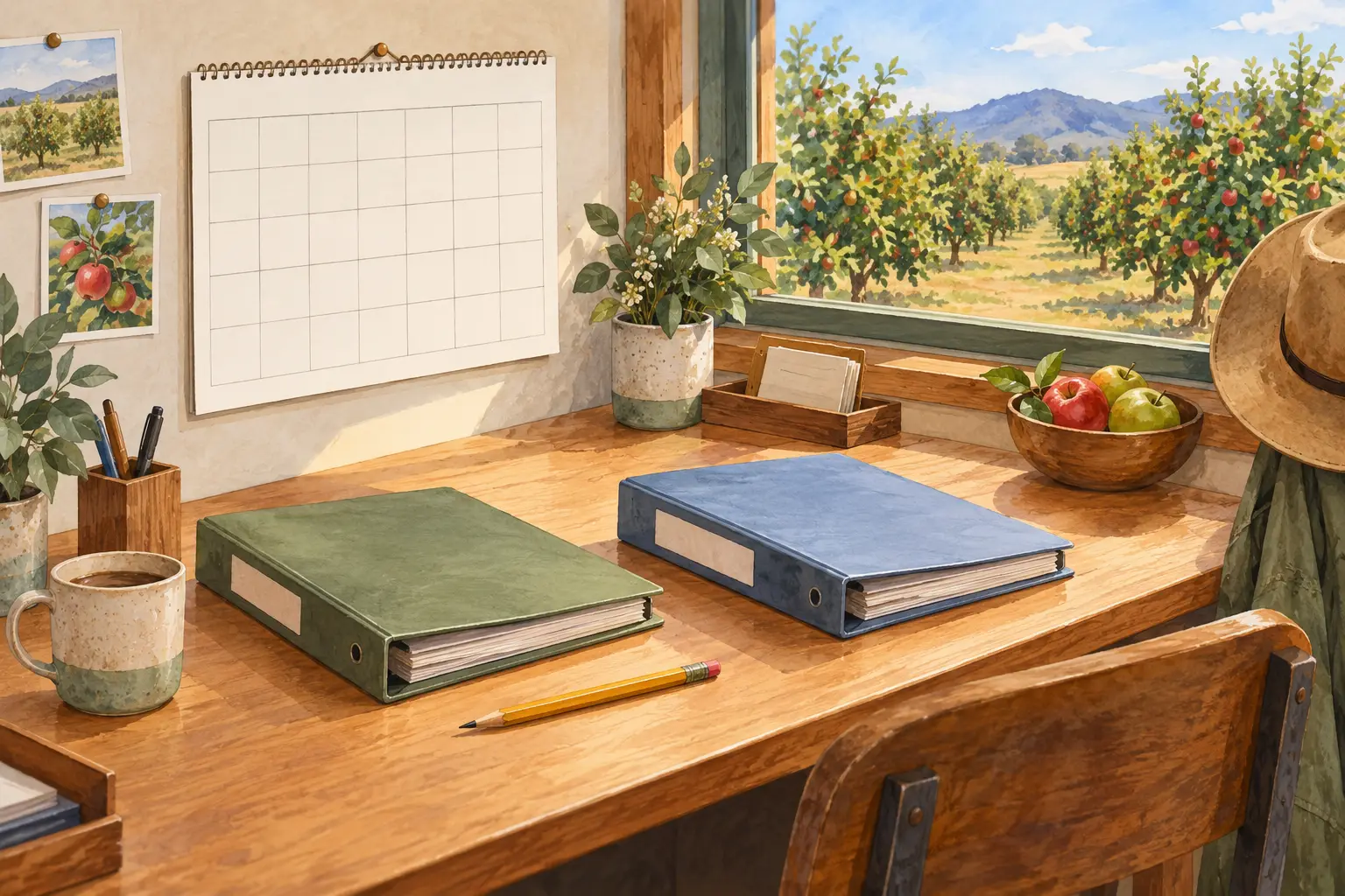 Illustrated farm office with a blank calendar and separate site folders overlooking an orchard.