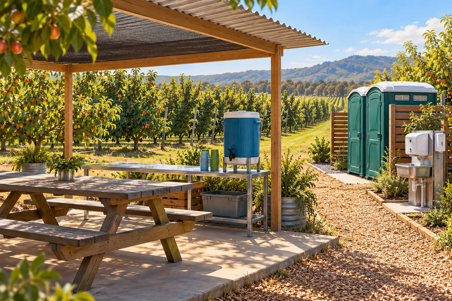 Shaded orchard break area with drinking water and nearby toilet and handwashing facilities.