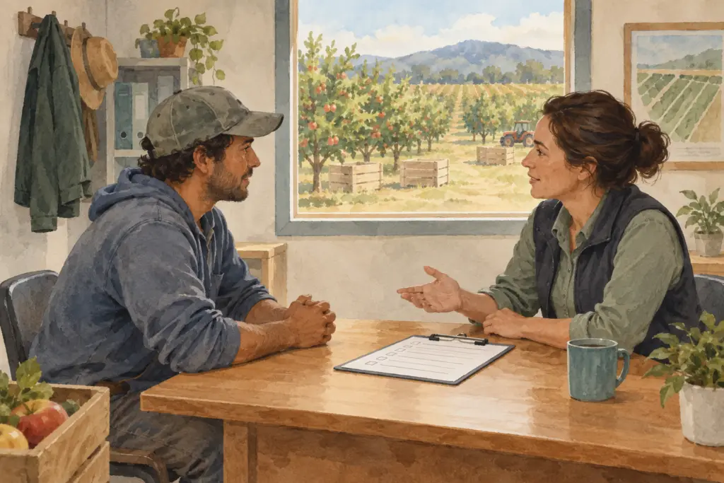 Illustrated fictional worker and employer discussing a blank checklist at a farm office table.