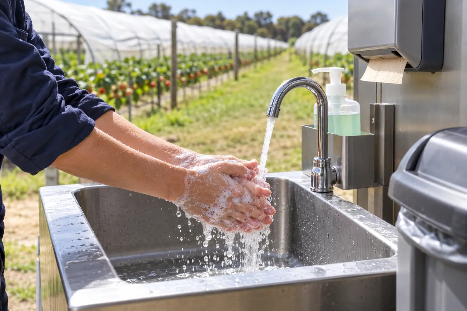 Hands being washed with soap at a dedicated stainless steel handwashing station on a fictional produce farm.