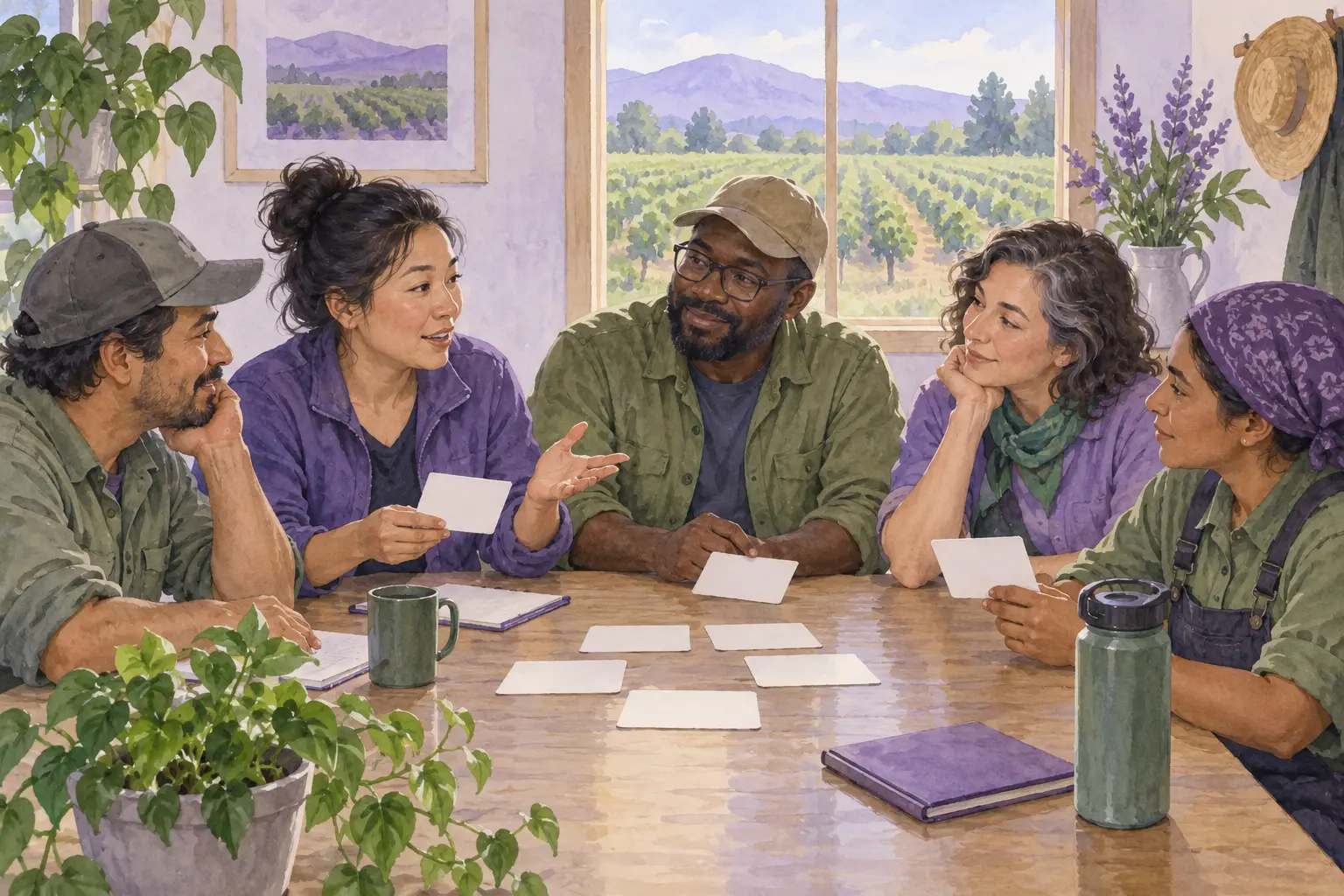 Illustrated fictional supervisors discussing blank planning cards around a rural meeting table.