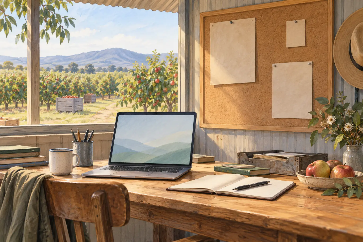 A fictional farm recruitment desk with an orchard view, a blank noticeboard and a laptop.